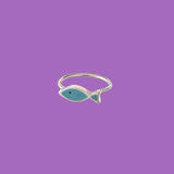 Handcrafted brass rings, shaped like graceful dark blue flounder fish