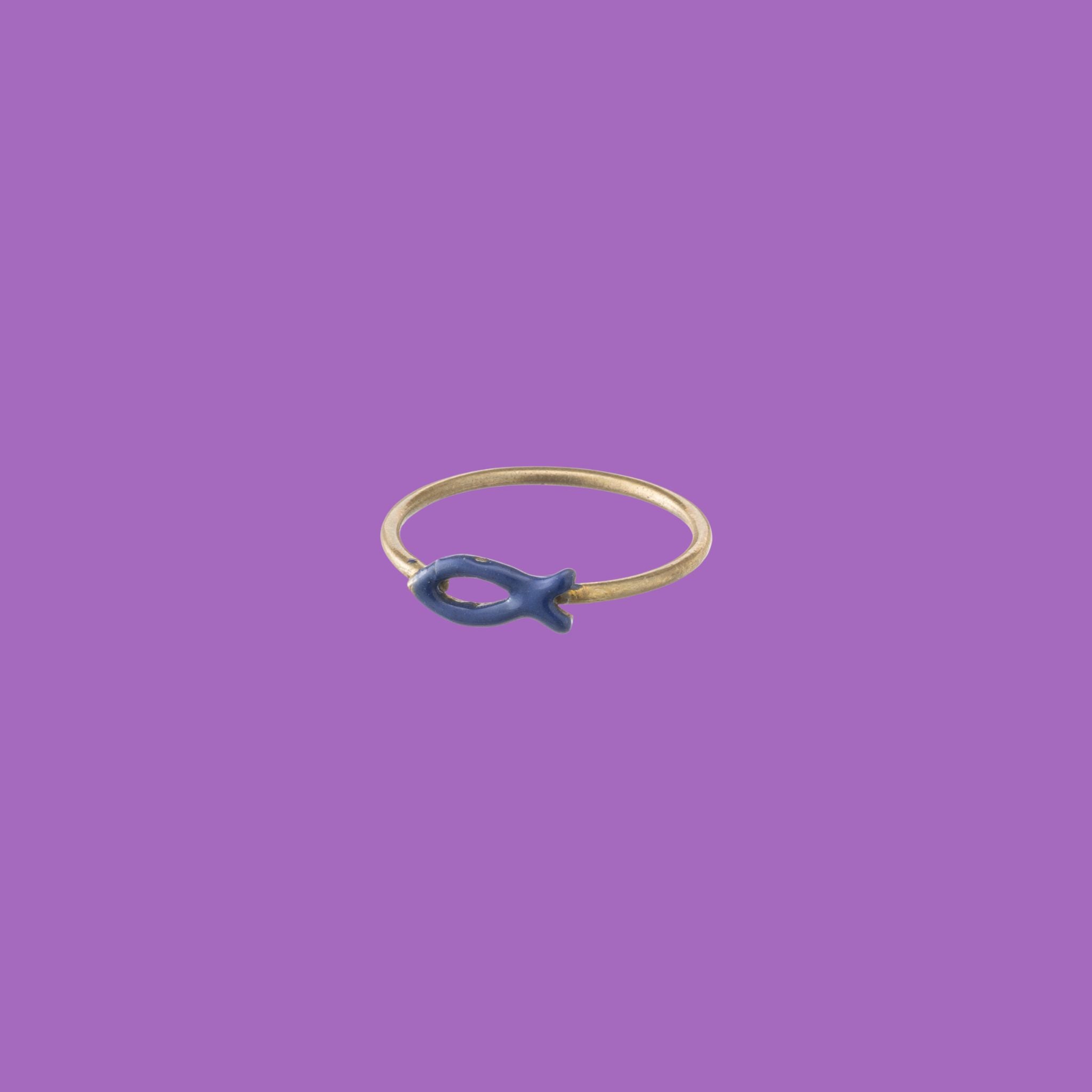 L'anello in ottone Dory presenta un accento blu scuro a forma di pesce.