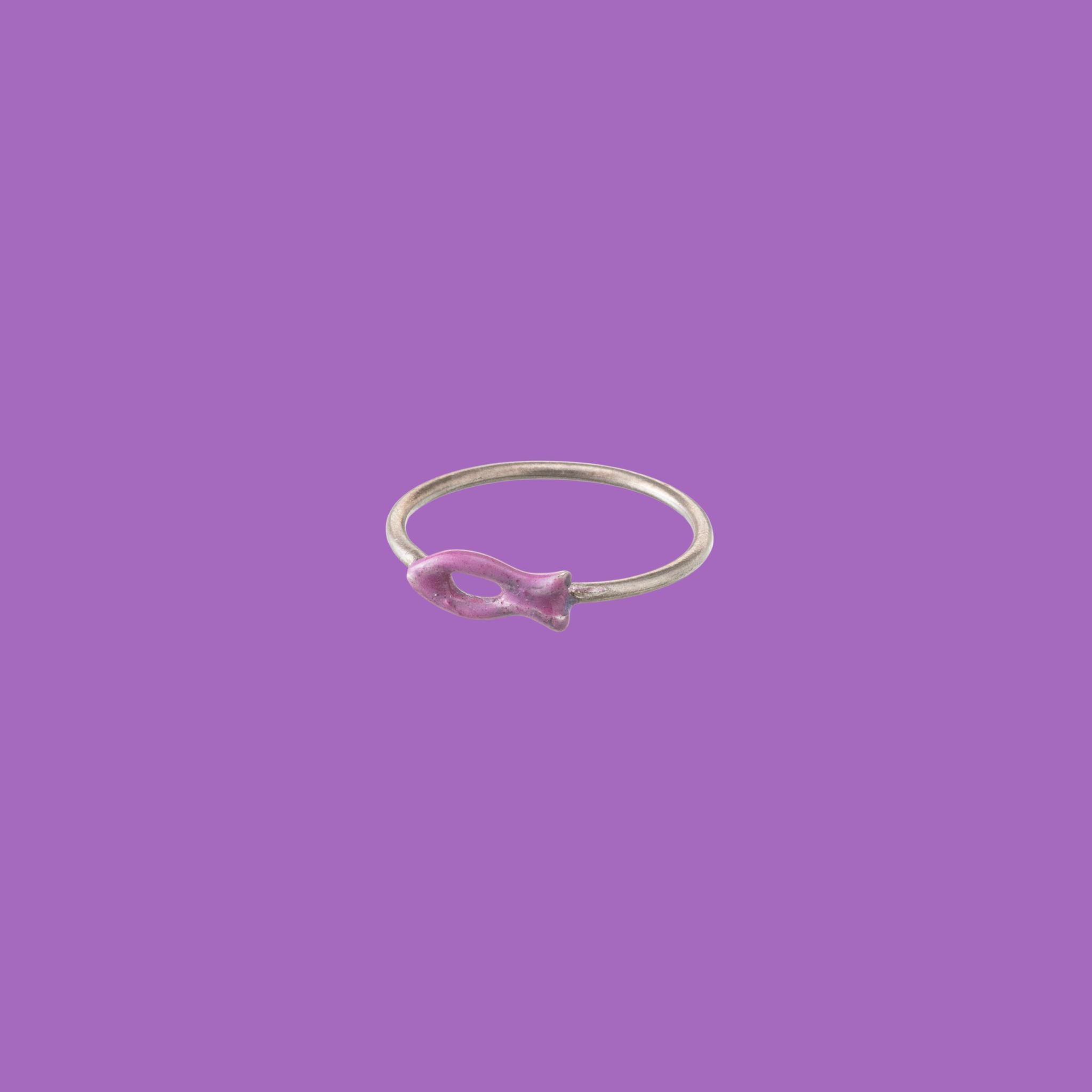 L'anello in ottone Dory presenta un accento a forma di pesce viola.